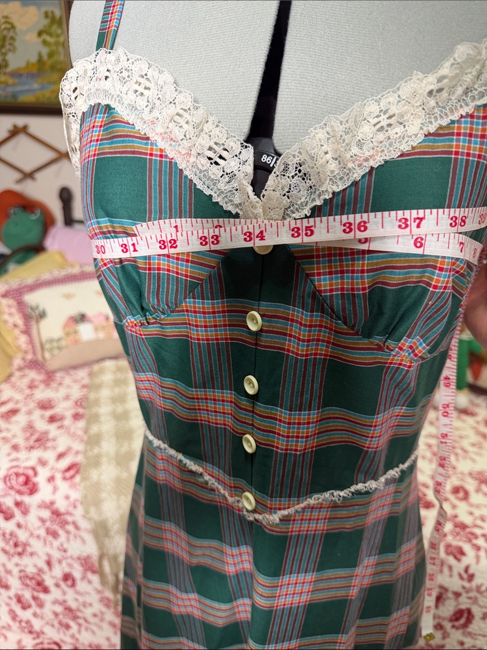 Vintage Green and Pink Plaid Lace-Trim Sundress - Picture 6 of 7